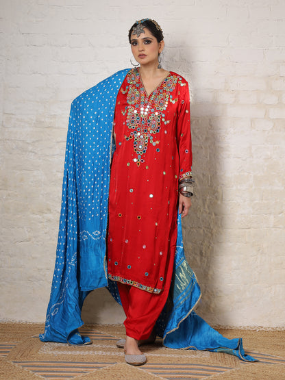 Red Silk Embroidered Paisley Kurta Set