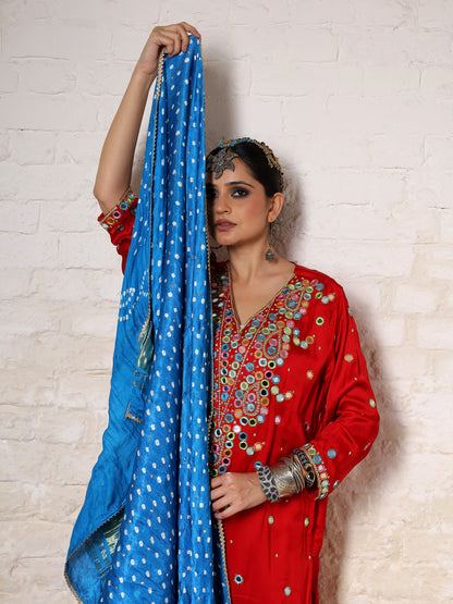 Red Silk Embroidered Paisley Kurta Set