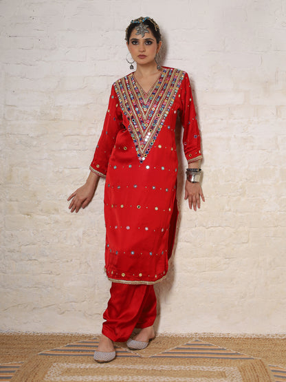 Red Silk Embroidered   Kurta Set