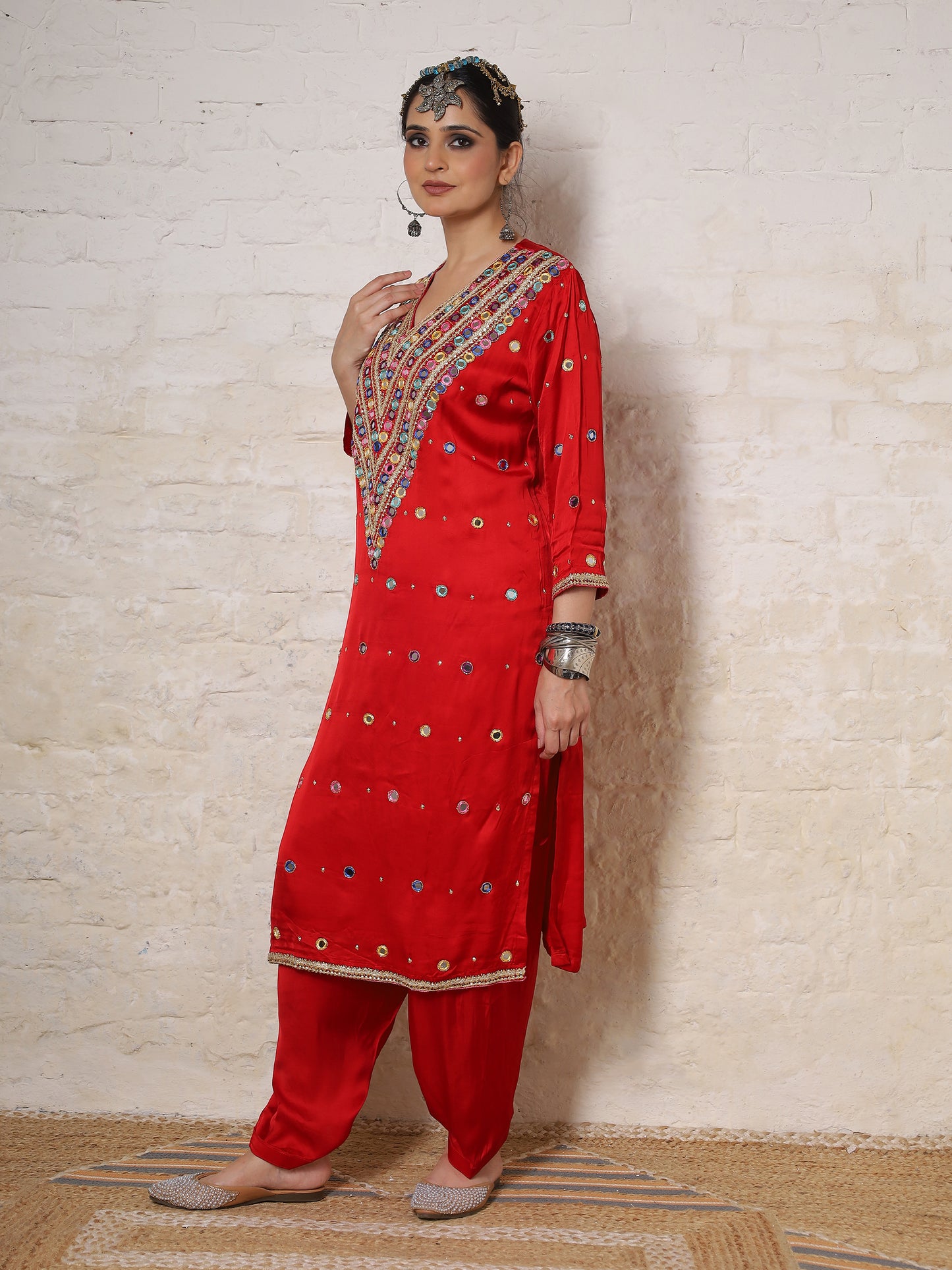 Red Silk Embroidered   Kurta Set