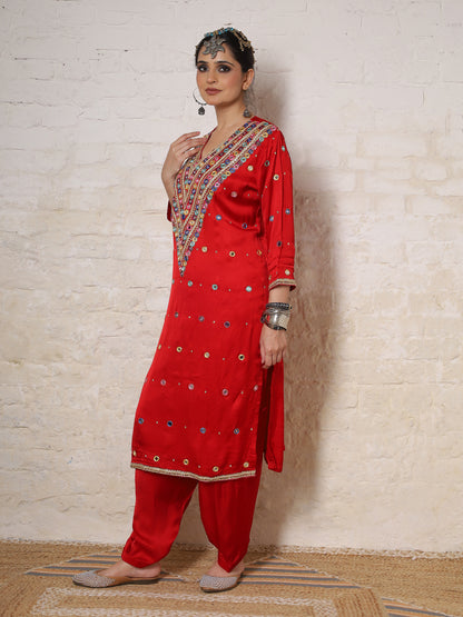 Red Silk Embroidered   Kurta Set