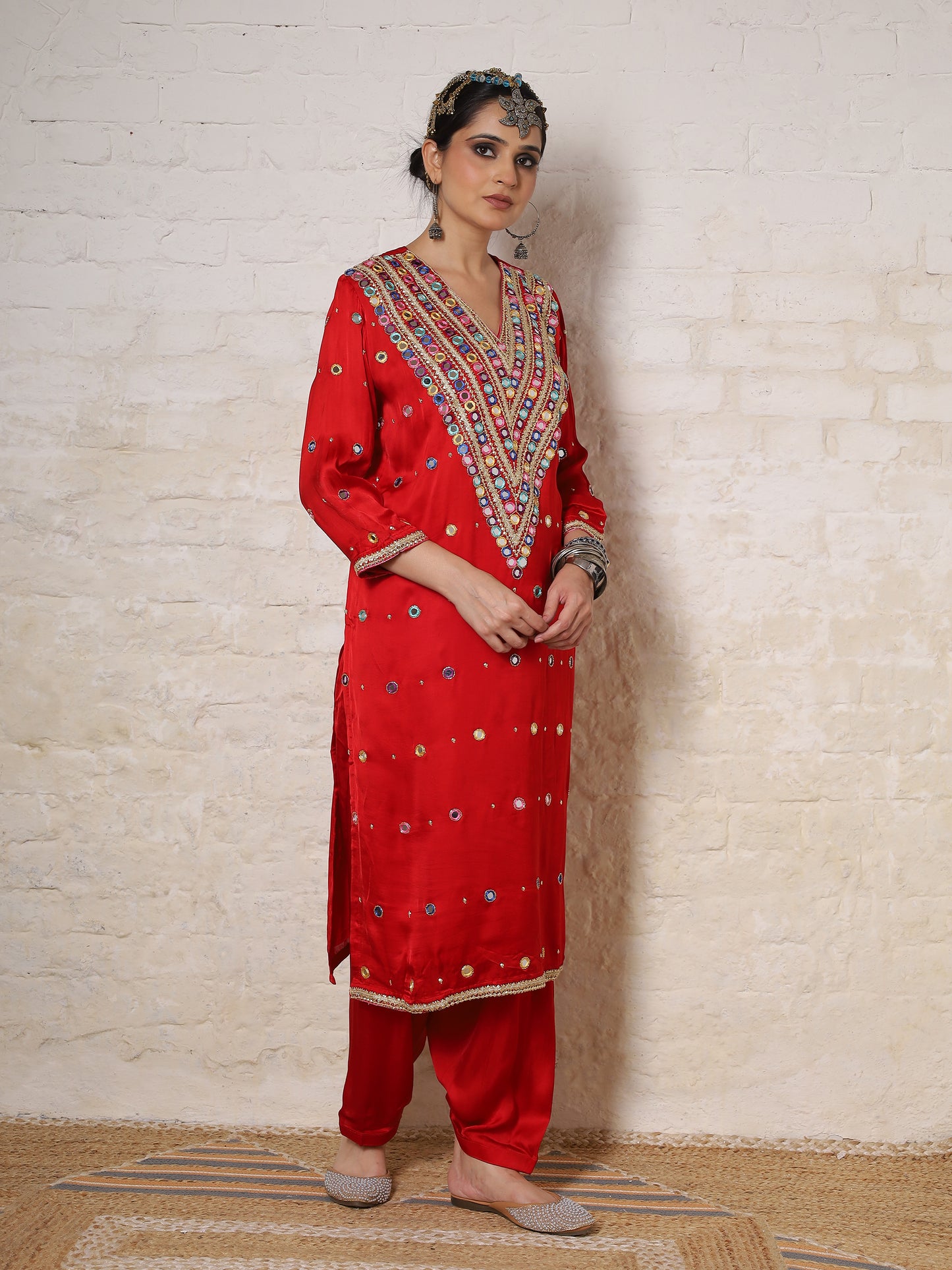 Red Silk Embroidered   Kurta Set
