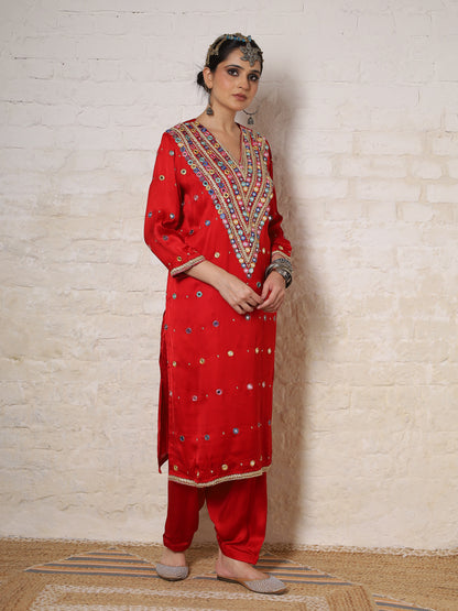 Red Silk Embroidered   Kurta Set