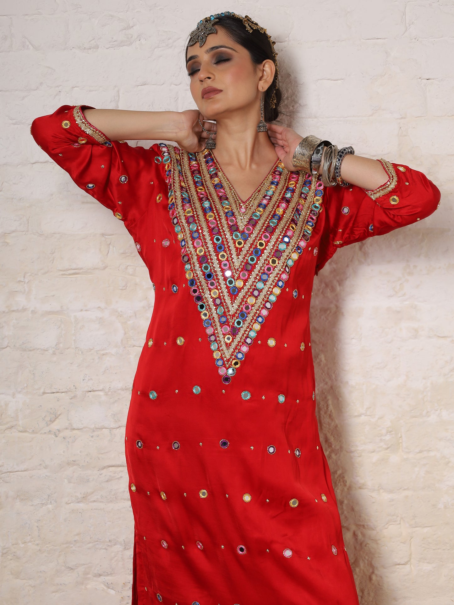 Red Silk Embroidered   Kurta Set