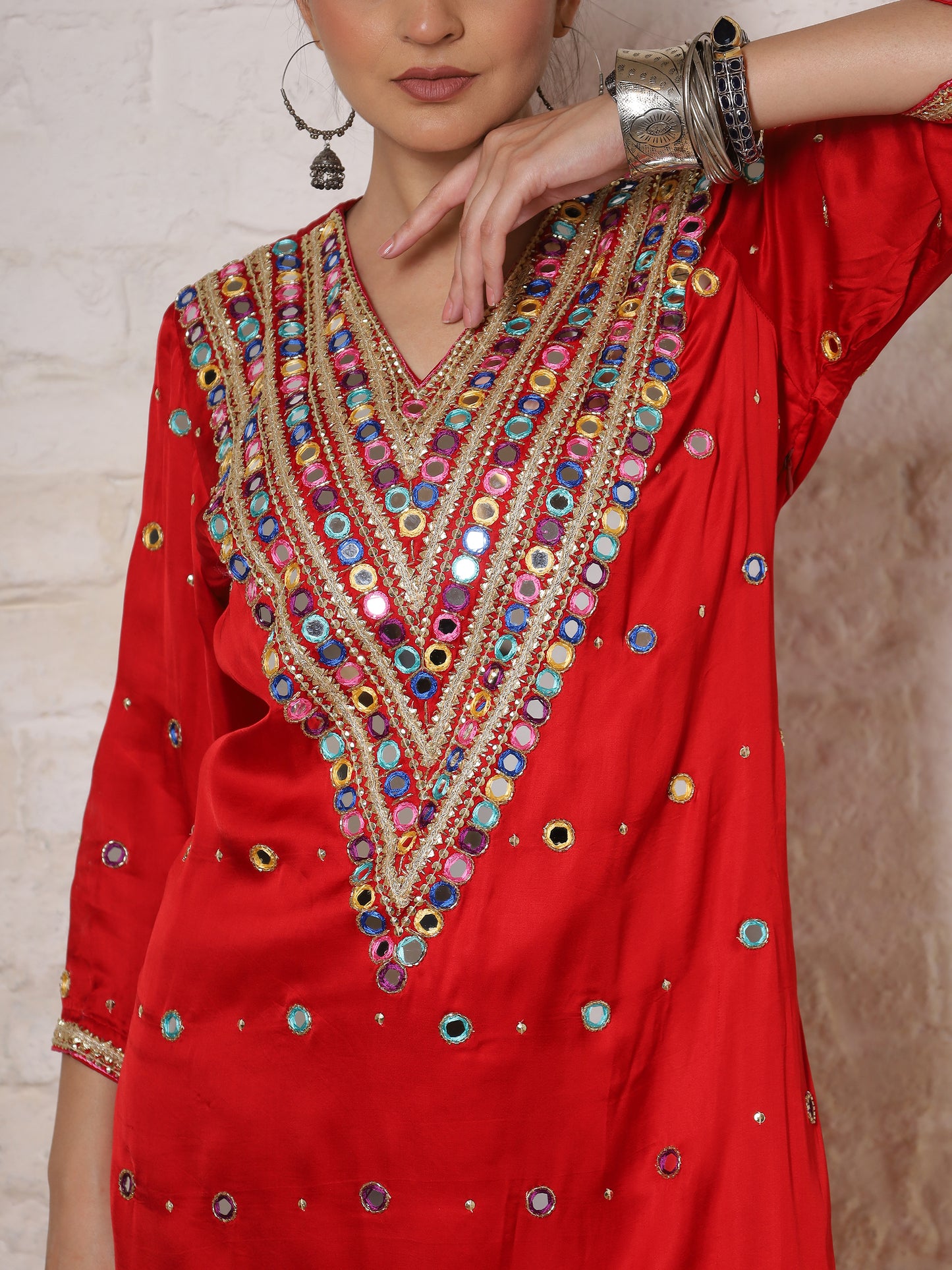 Red Silk Embroidered   Kurta Set
