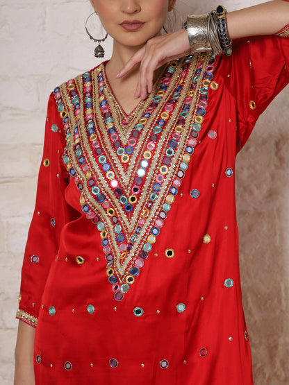 Red Silk Embroidered   Kurta Set