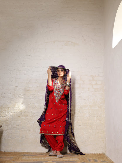 Red Silk Embroidered   Kurta Set