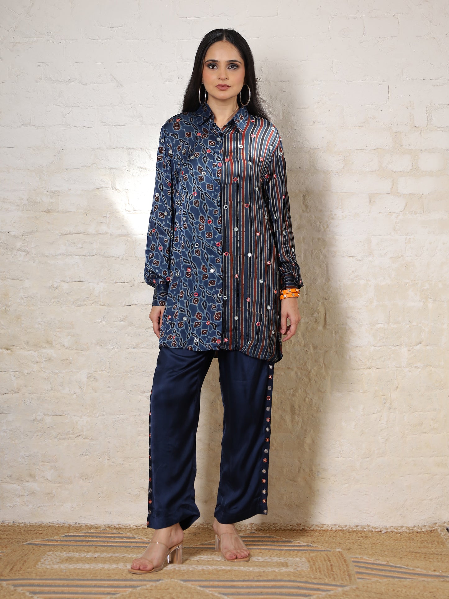 Blue Floral Ajrakh Embroidered Co-ord Set