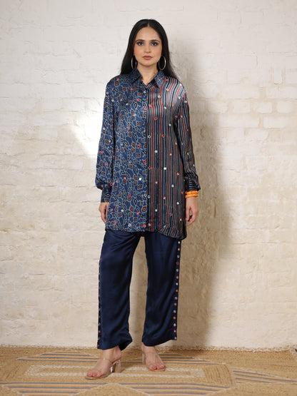 Blue Floral Ajrakh Embroidered Co-ord Set