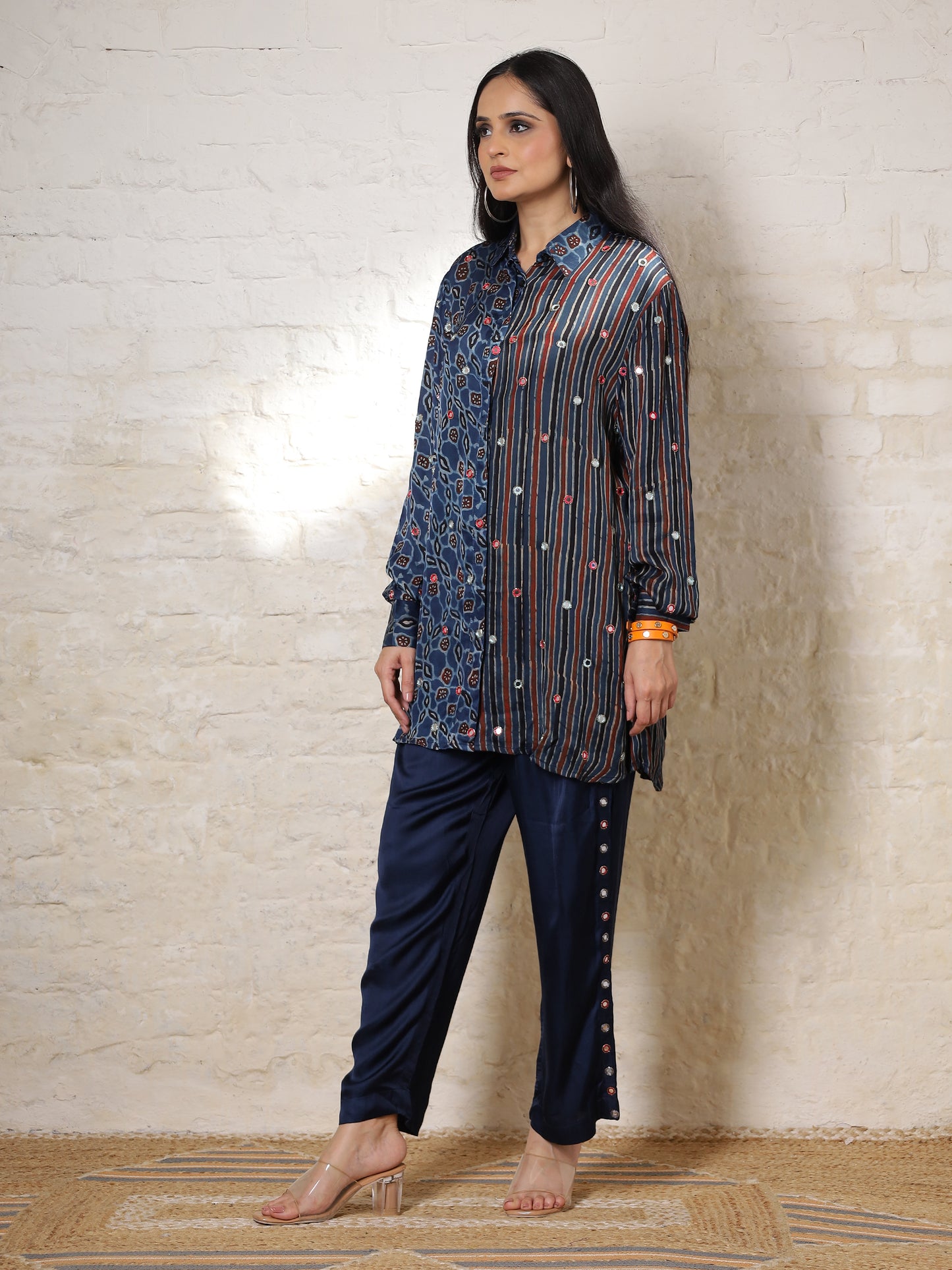 Blue Floral Ajrakh Embroidered Co-ord Set