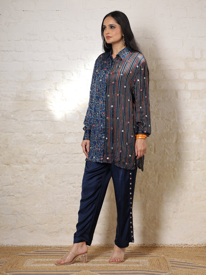 Blue Floral Ajrakh Embroidered Co-ord Set