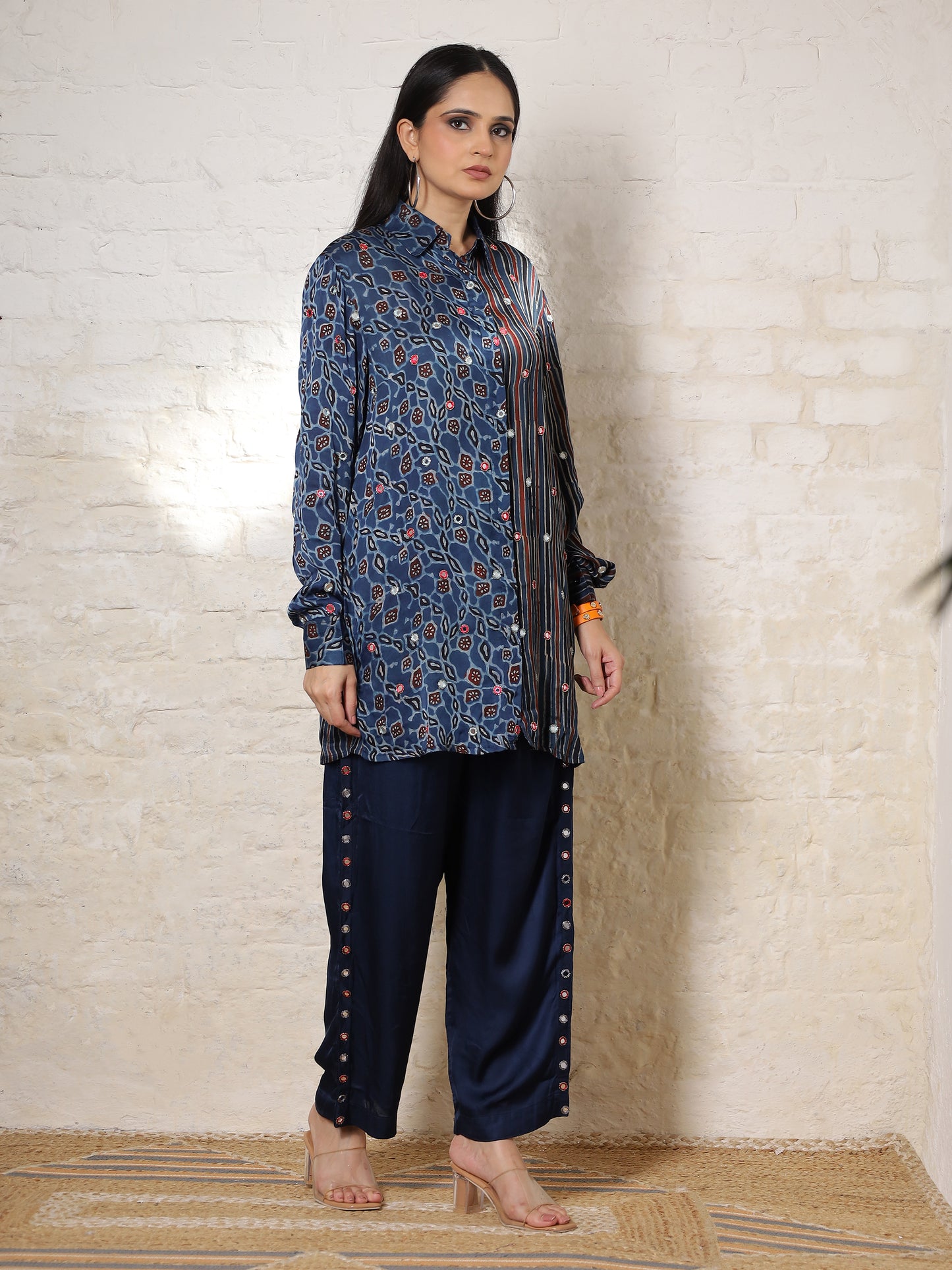 Blue Floral Ajrakh Embroidered Co-ord Set