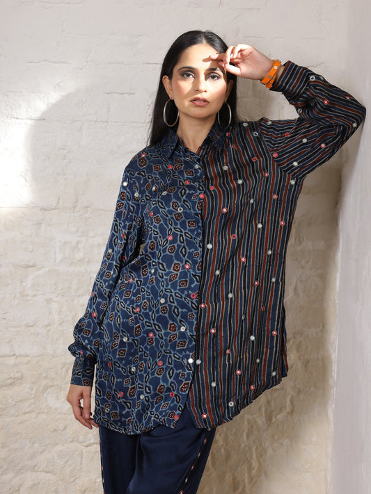 Blue Floral Ajrakh Embroidered Co-ord Set