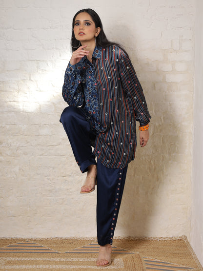 Blue Floral Ajrakh Embroidered Co-ord Set