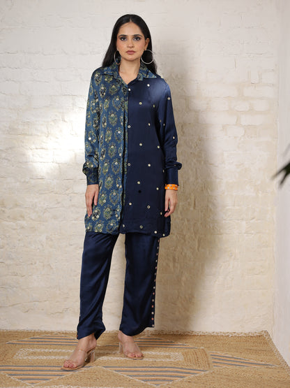 Blue Ajrak Silk Embroidered Co-ord Set