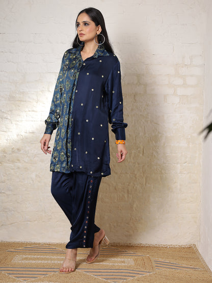 Blue Ajrak Silk Embroidered Co-ord Set