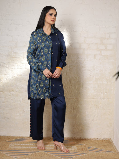 Blue Ajrak Silk Embroidered Co-ord Set
