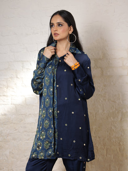 Blue Ajrak Silk Embroidered Co-ord Set