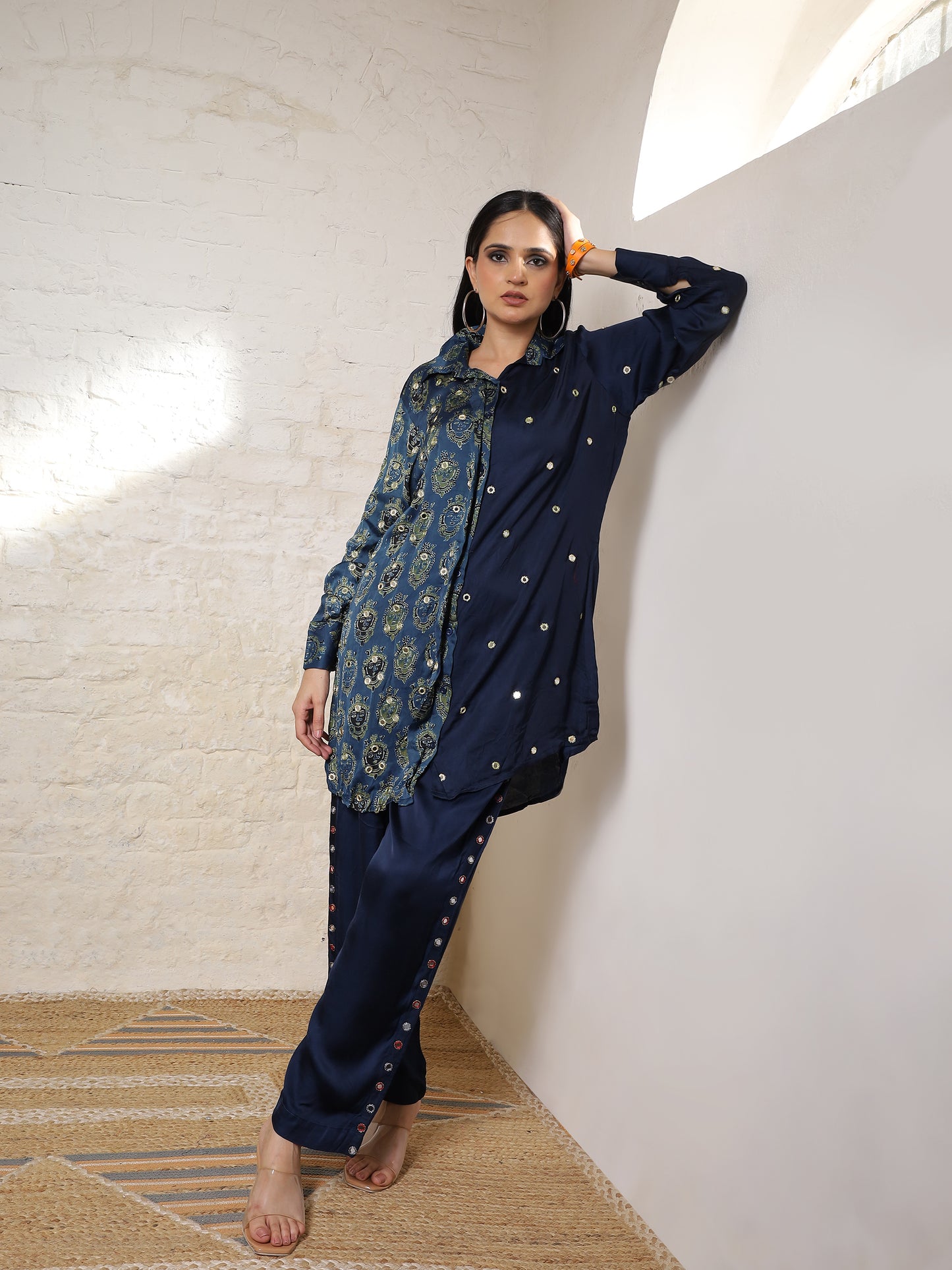 Blue Ajrak Silk Embroidered Co-ord Set