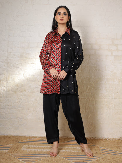 Black Ajrak Silk Embroidered Colour Block Co-ord Set