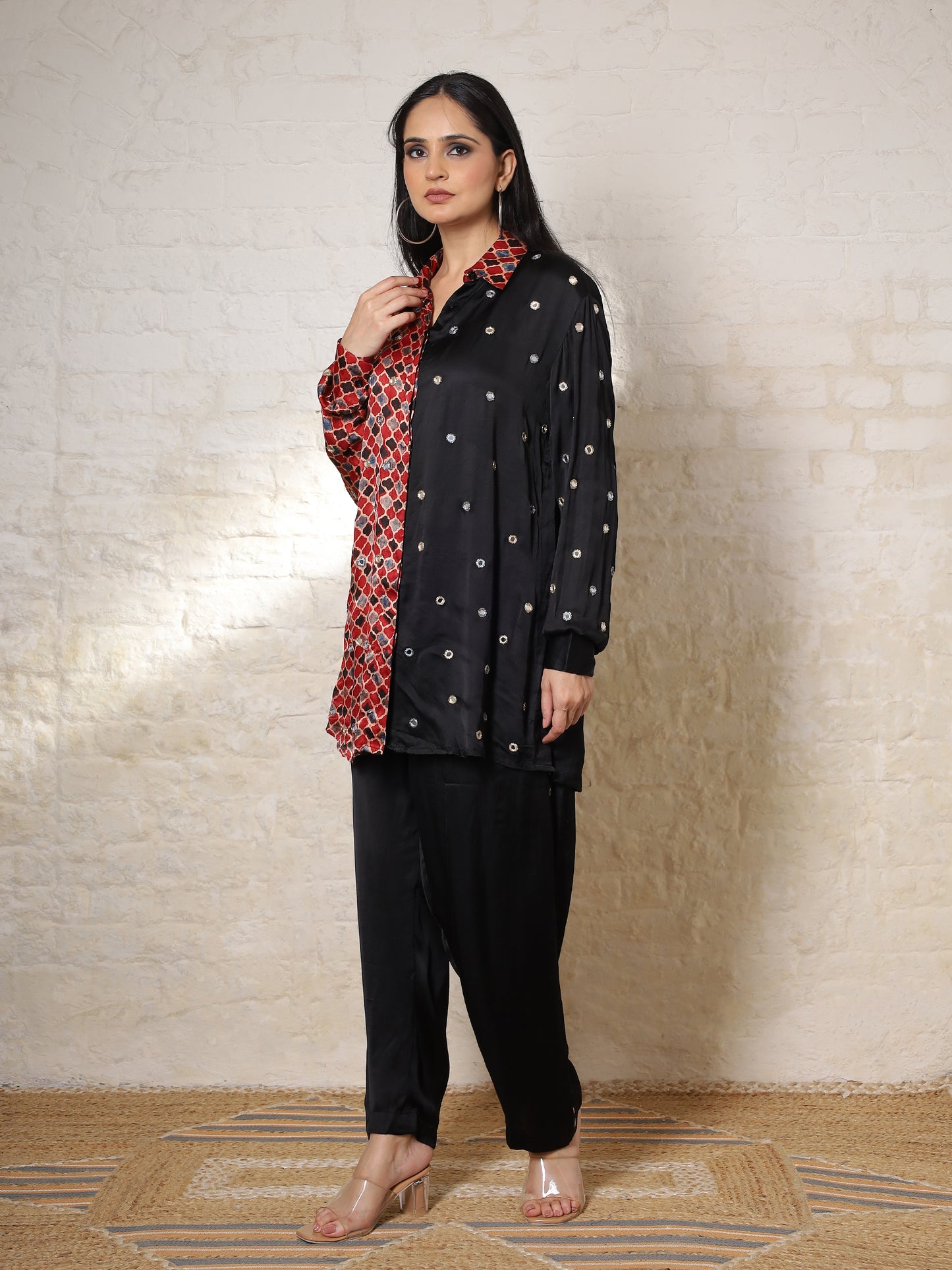 Black Ajrak Silk Embroidered Colour Block Co-ord Set