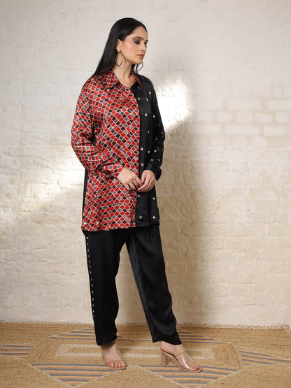 Black Ajrak Silk Embroidered Colour Block Co-ord Set