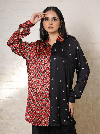 Black Ajrak Silk Embroidered Colour Block Co-ord Set