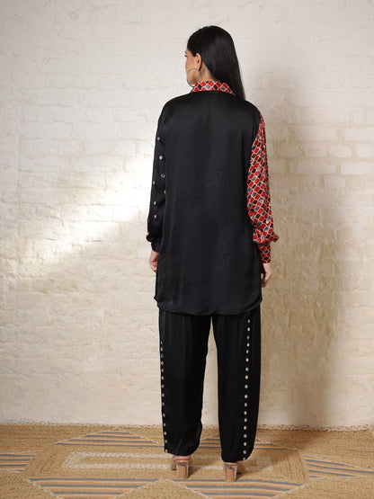 Black Ajrak Silk Embroidered Colour Block Co-ord Set