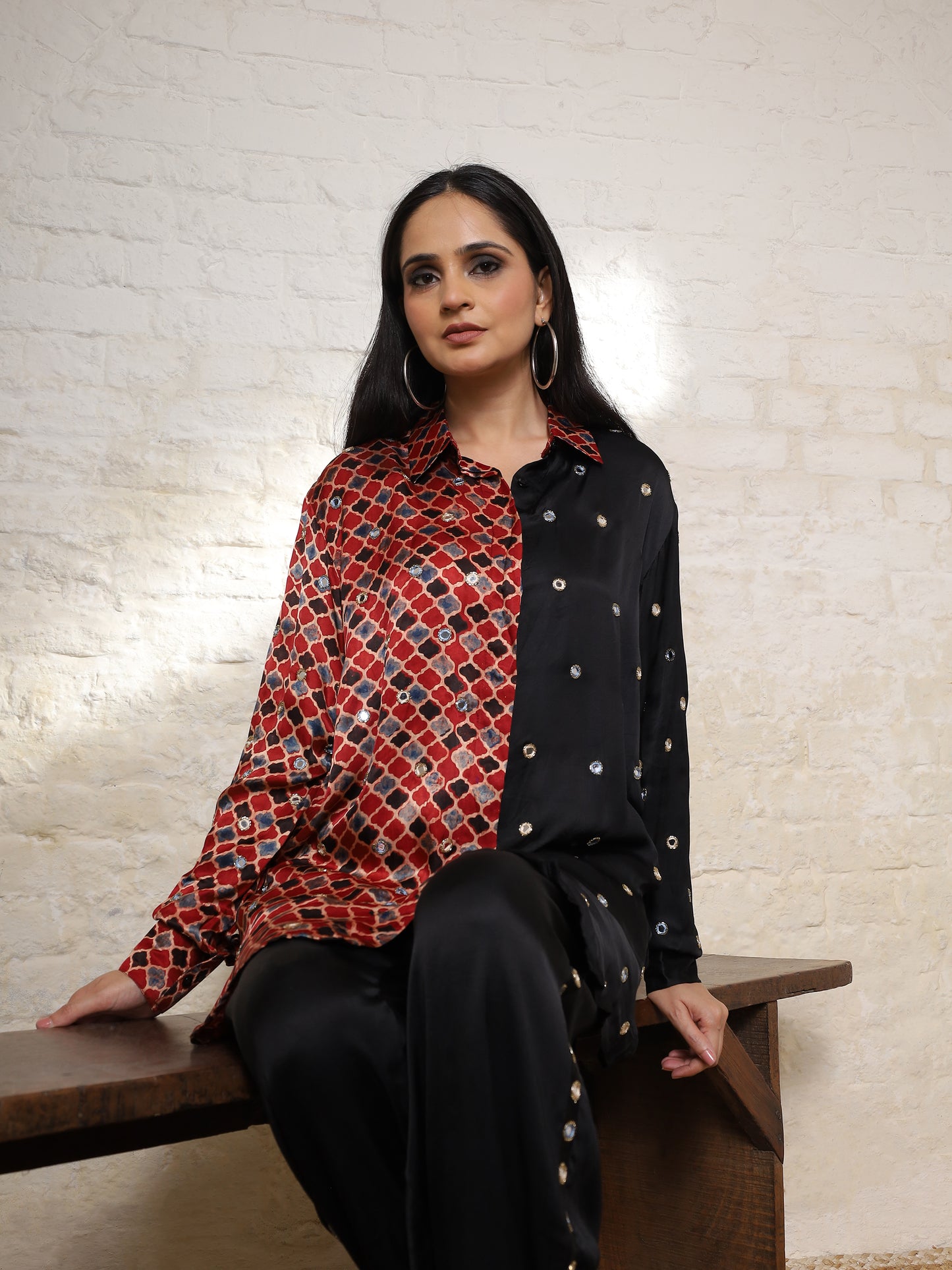 Black Ajrak Silk Embroidered Colour Block Co-ord Set