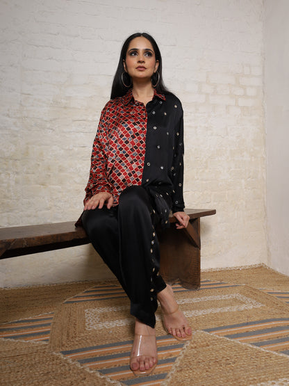 Black Ajrak Silk Embroidered Colour Block Co-ord Set