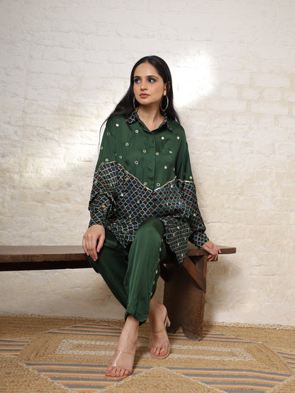 Green Ajrak  Silk Embroidered Co-ord Set