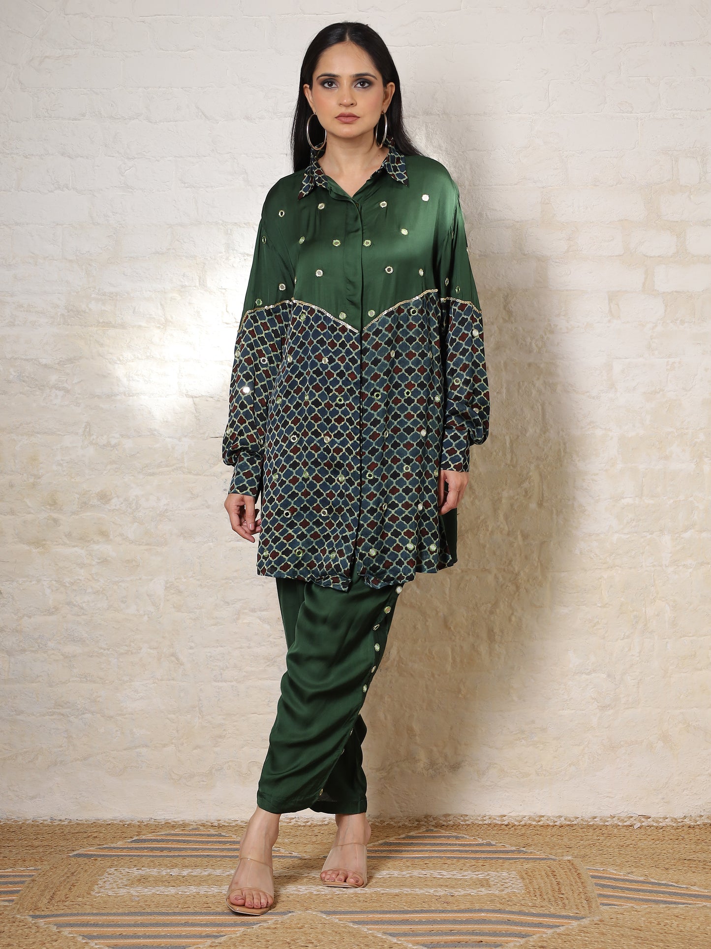 Green Ajrak  Silk Embroidered Co-ord Set