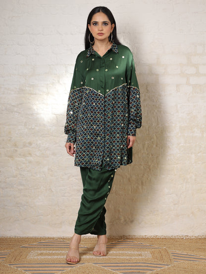 Green Ajrak  Silk Embroidered Co-ord Set