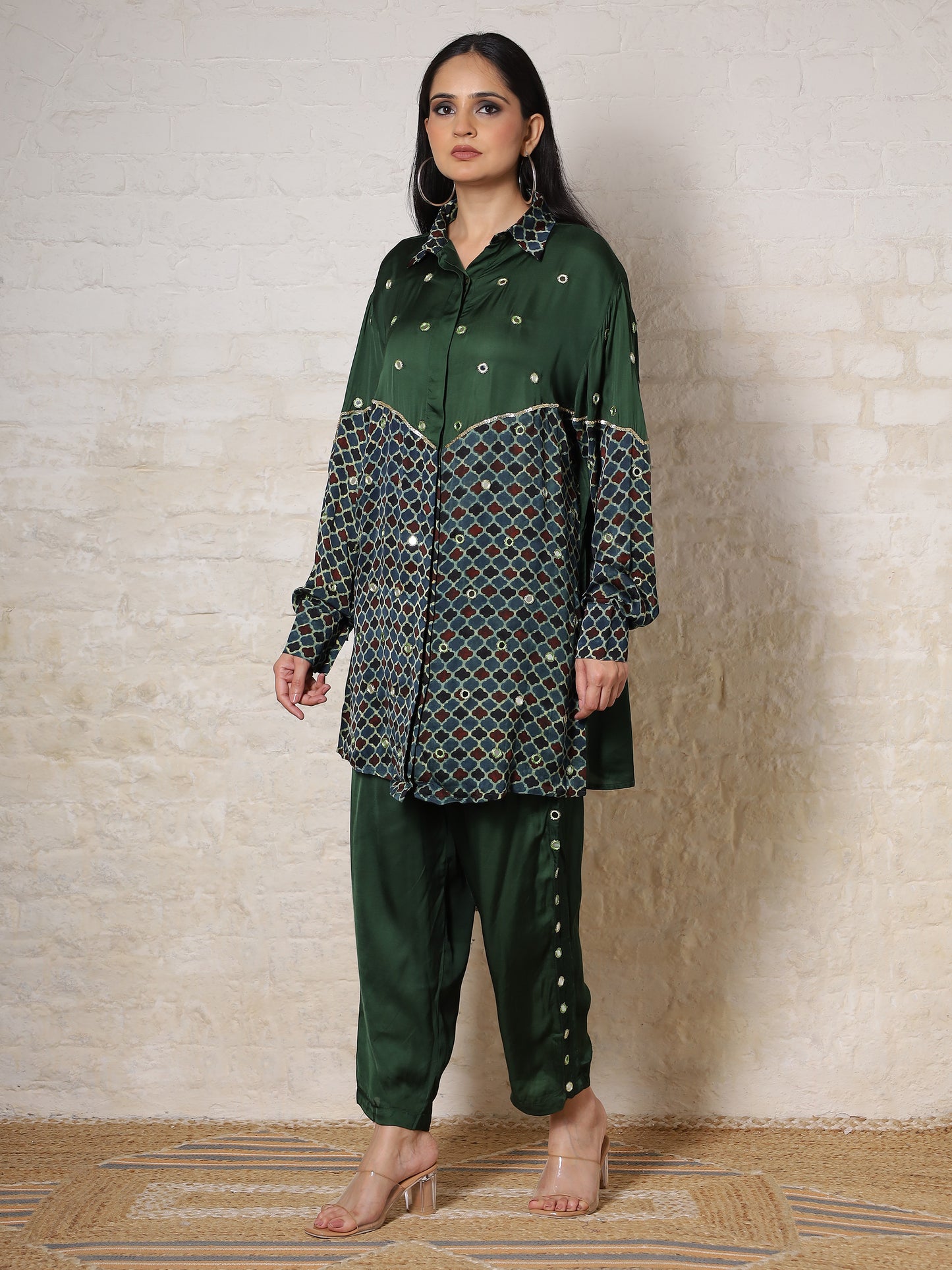 Green Ajrak  Silk Embroidered Co-ord Set