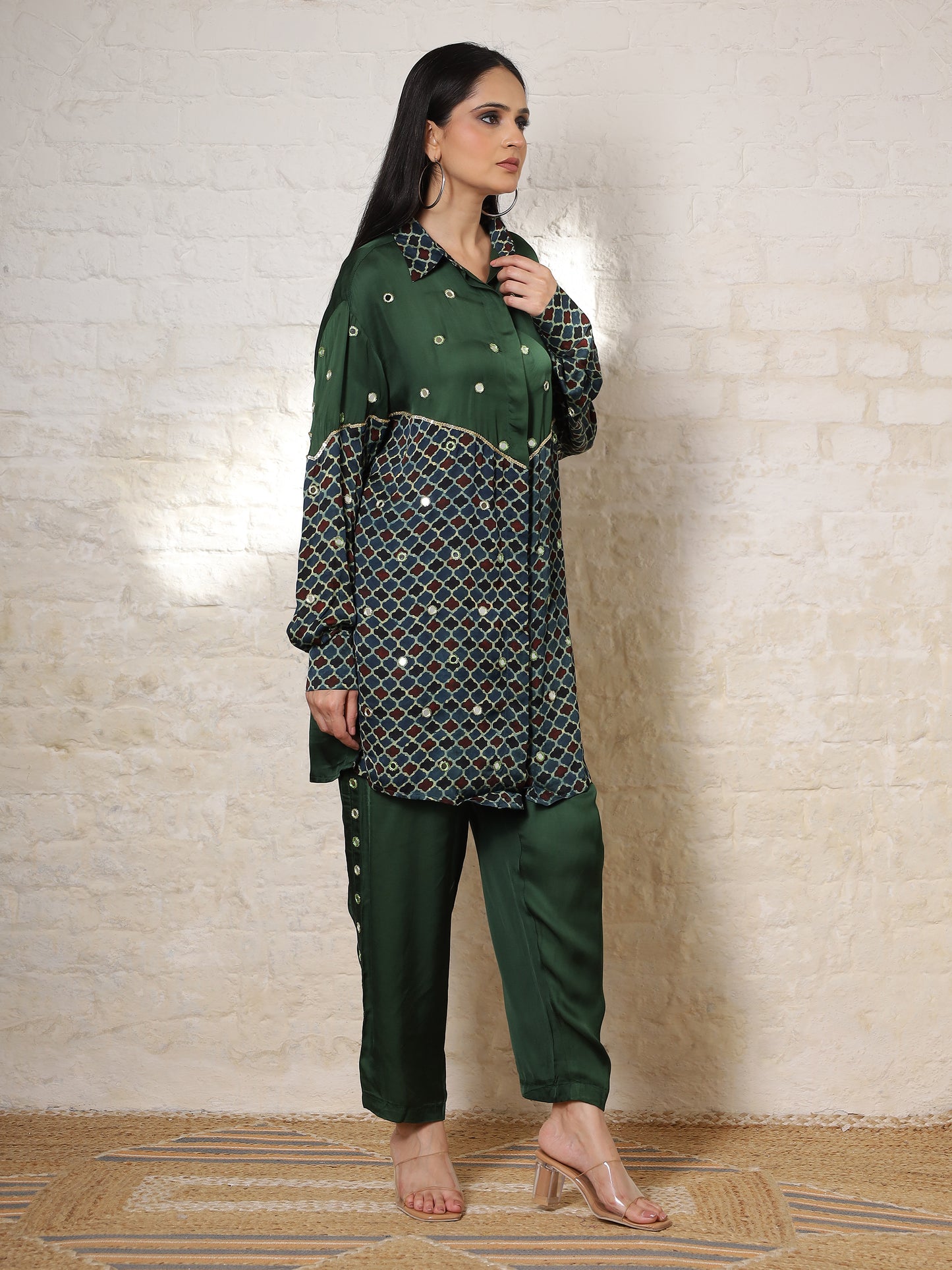 Green Ajrak  Silk Embroidered Co-ord Set
