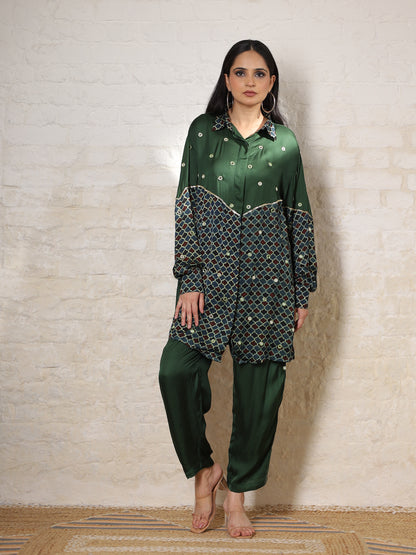 Green Ajrak  Silk Embroidered Co-ord Set