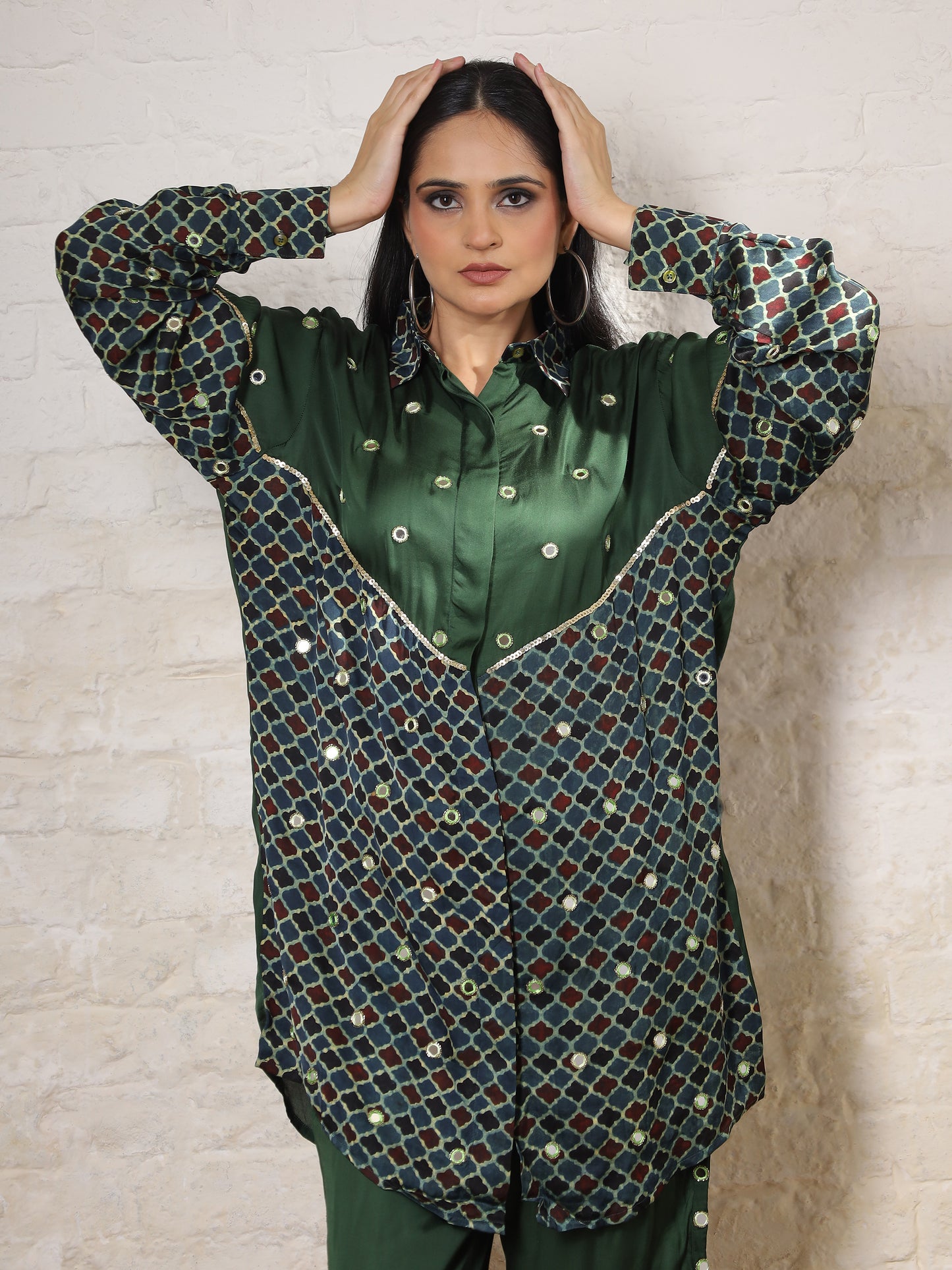 Green Ajrak  Silk Embroidered Co-ord Set