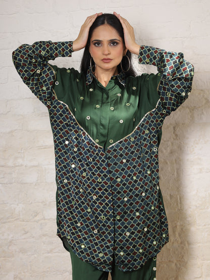 Green Ajrak  Silk Embroidered Co-ord Set