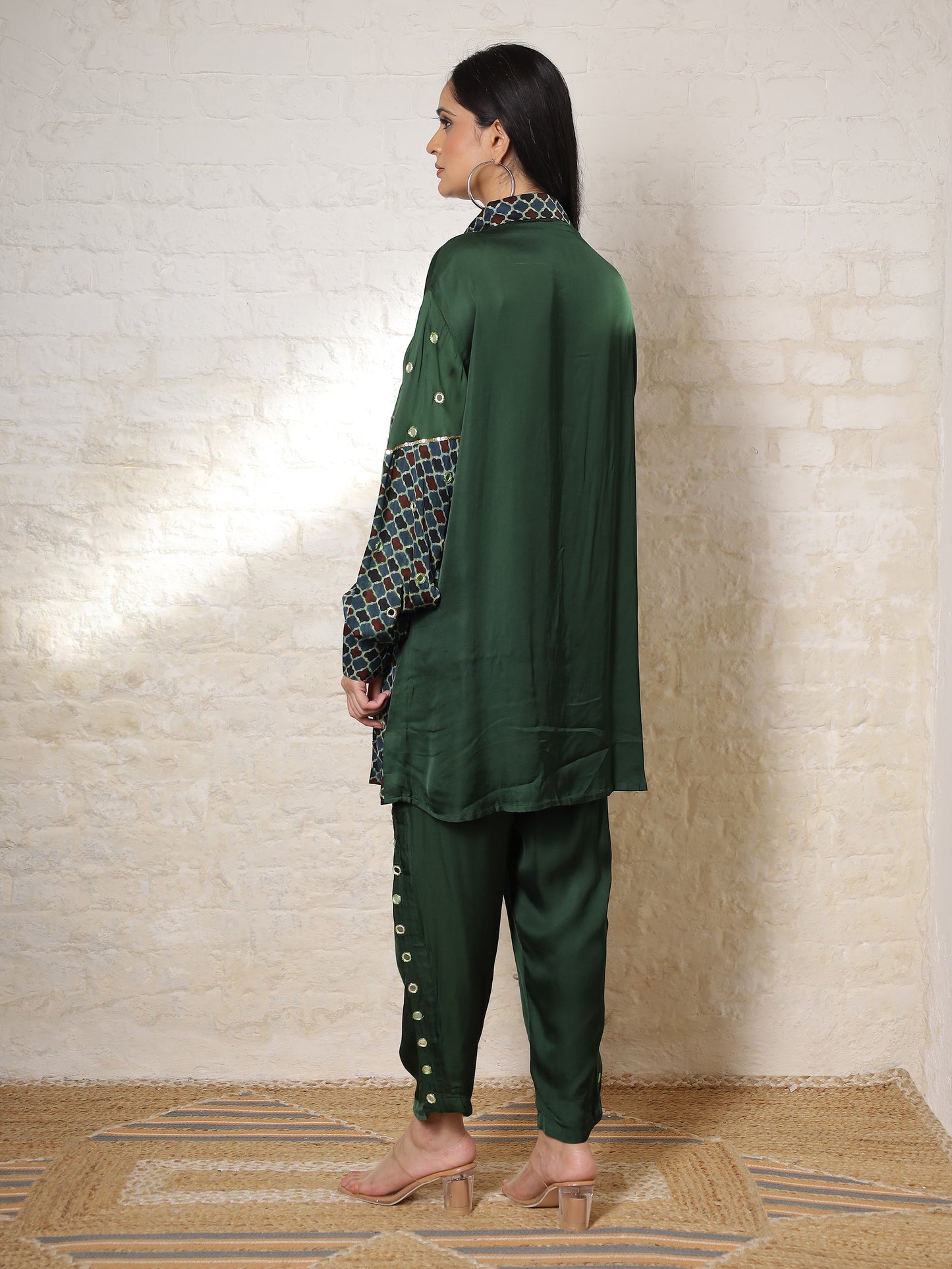 Green Ajrak  Silk Embroidered Co-ord Set
