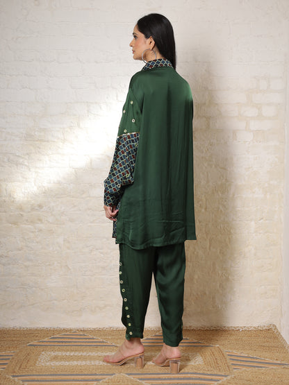 Green Ajrak  Silk Embroidered Co-ord Set