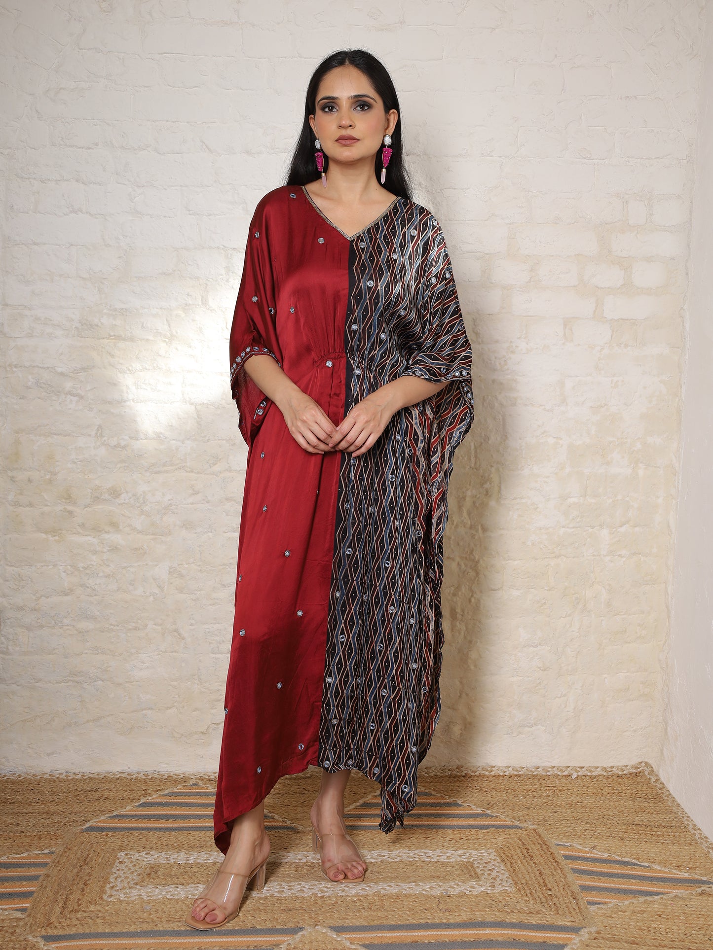 Rust & Black Ajrakh Silk Embroidered Kaftan