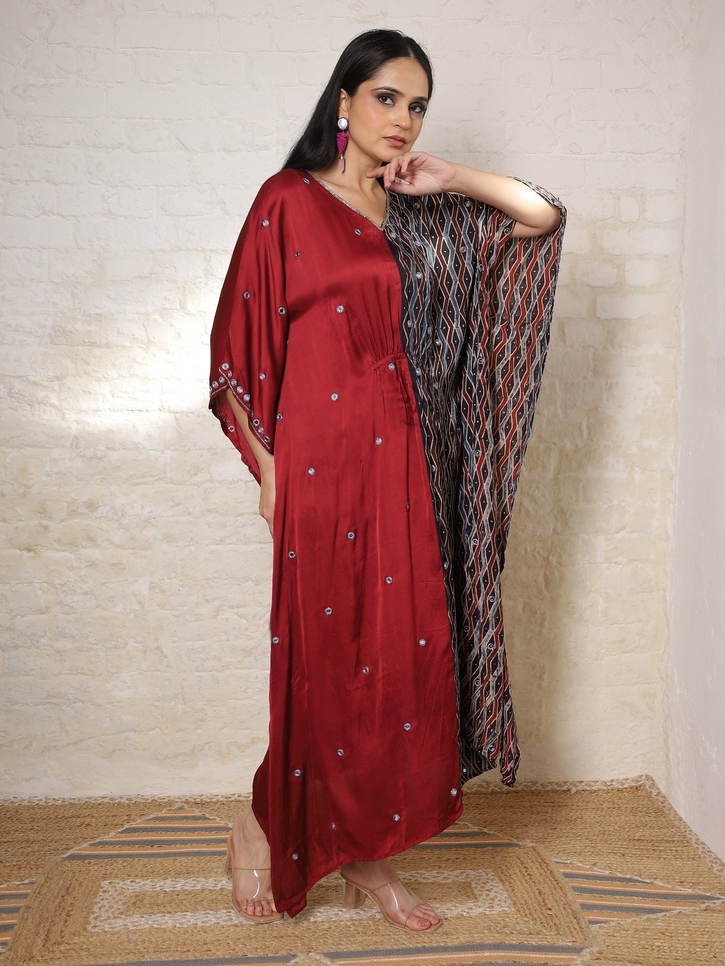 Rust & Black Ajrakh Silk Embroidered Kaftan
