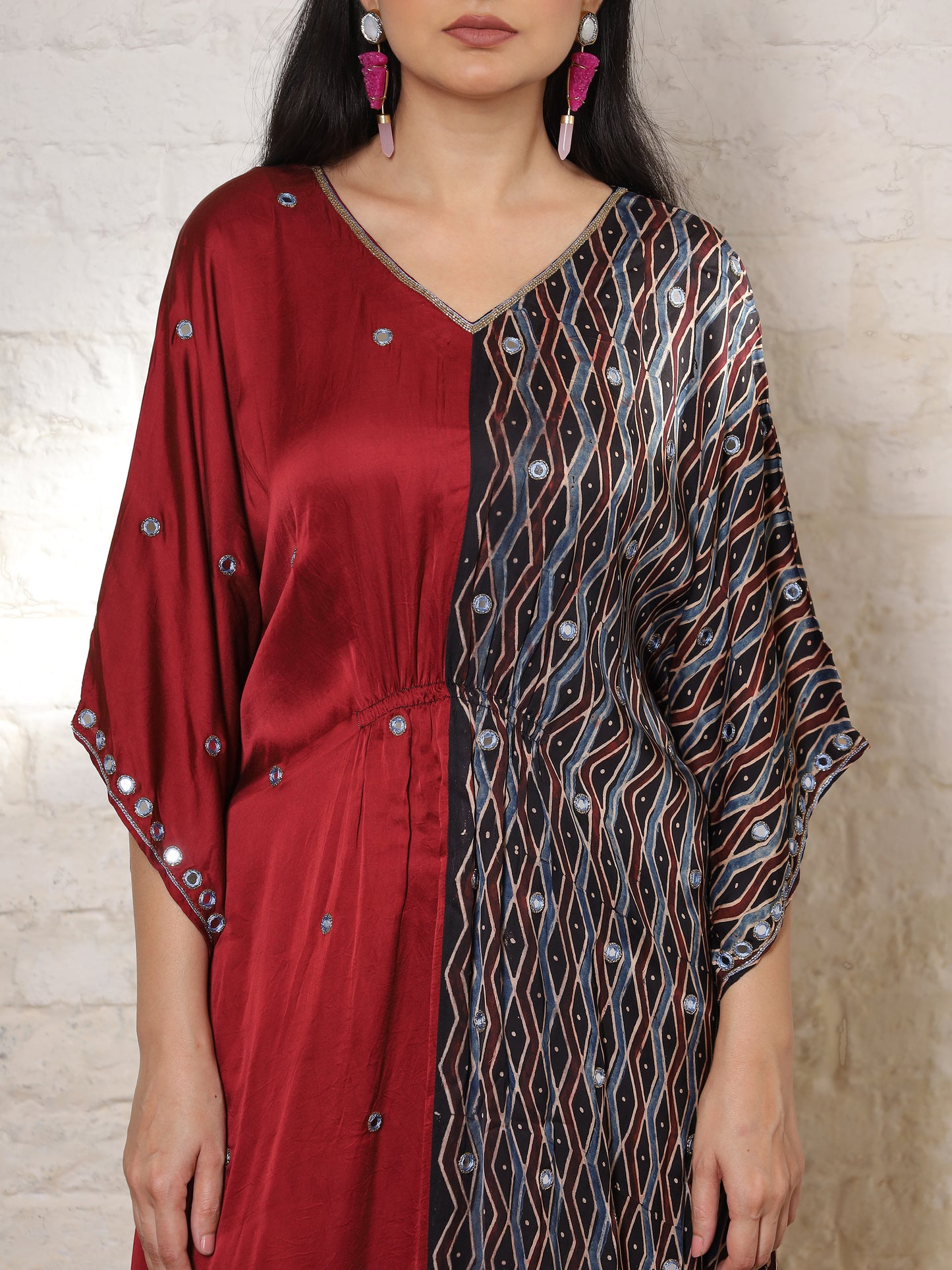 Rust & Black Ajrakh Silk Embroidered Kaftan