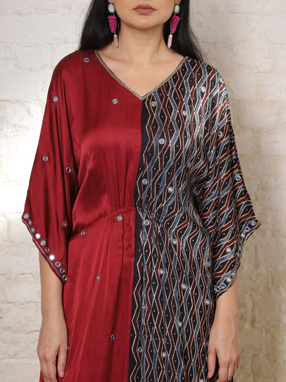 Rust & Black Ajrakh Silk Embroidered Kaftan