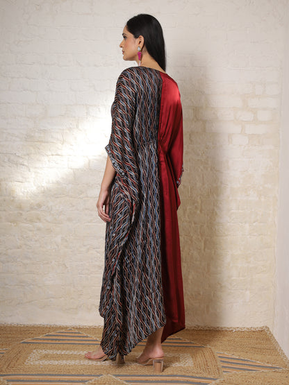 Rust & Black Ajrakh Silk Embroidered Kaftan