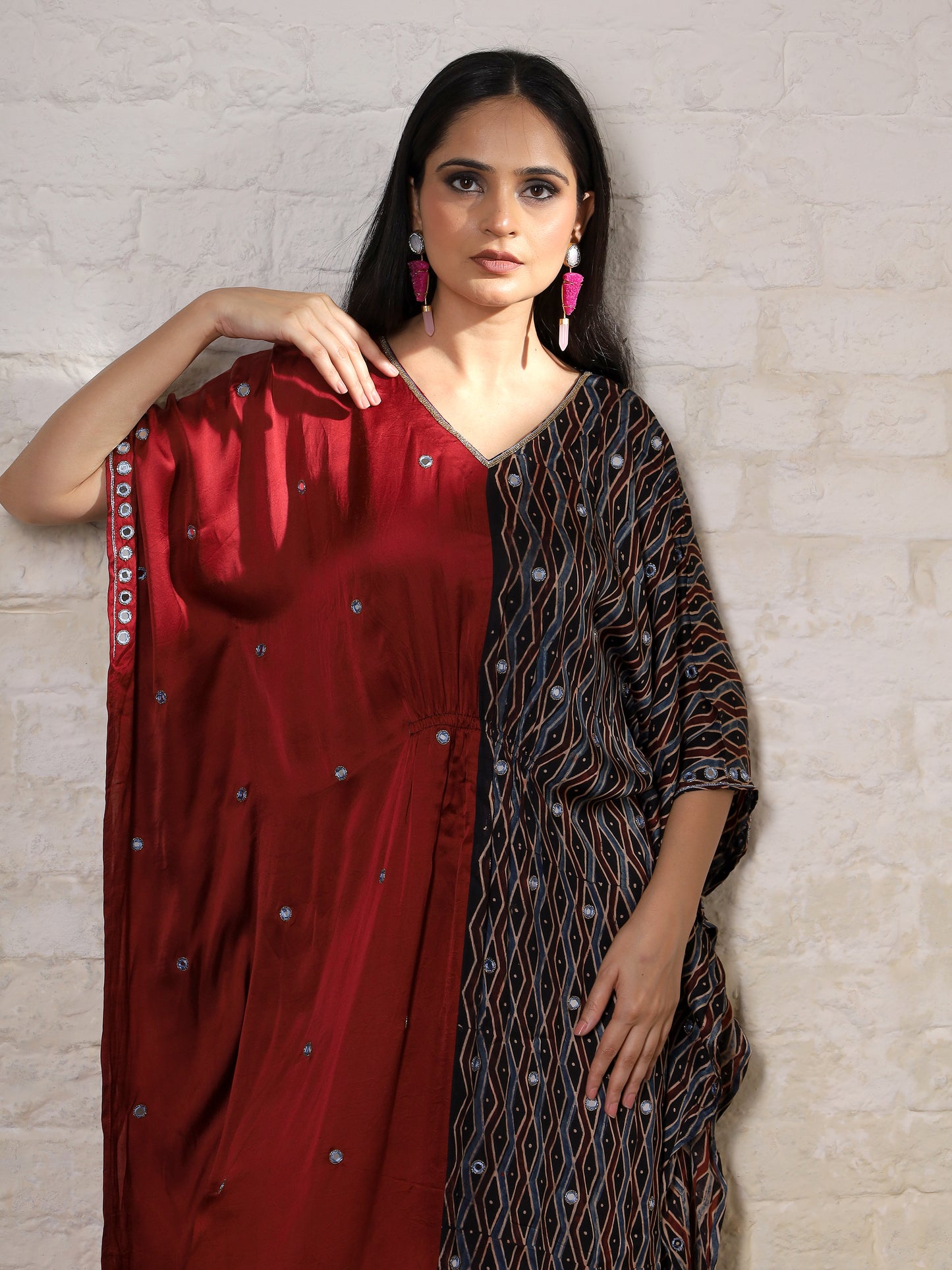 Rust & Black Ajrakh Silk Embroidered Kaftan
