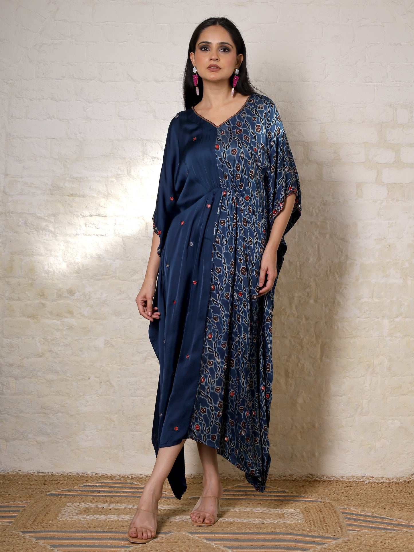 Blue Floral Ajrak Silk Embroidered Kaftan