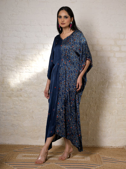 Blue Floral Ajrak Silk Embroidered Kaftan