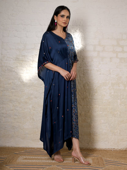 Blue Floral Ajrak Silk Embroidered Kaftan