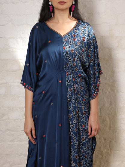 Blue Floral Ajrak Silk Embroidered Kaftan